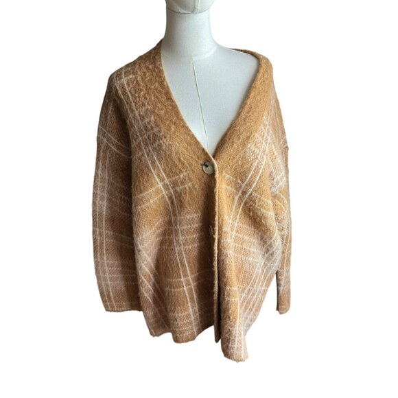 Vince Alpaca Blend Plaid Cardigan Sweater M/L | Tan & Ivory Button Front | NWT - Picture 3 of 9